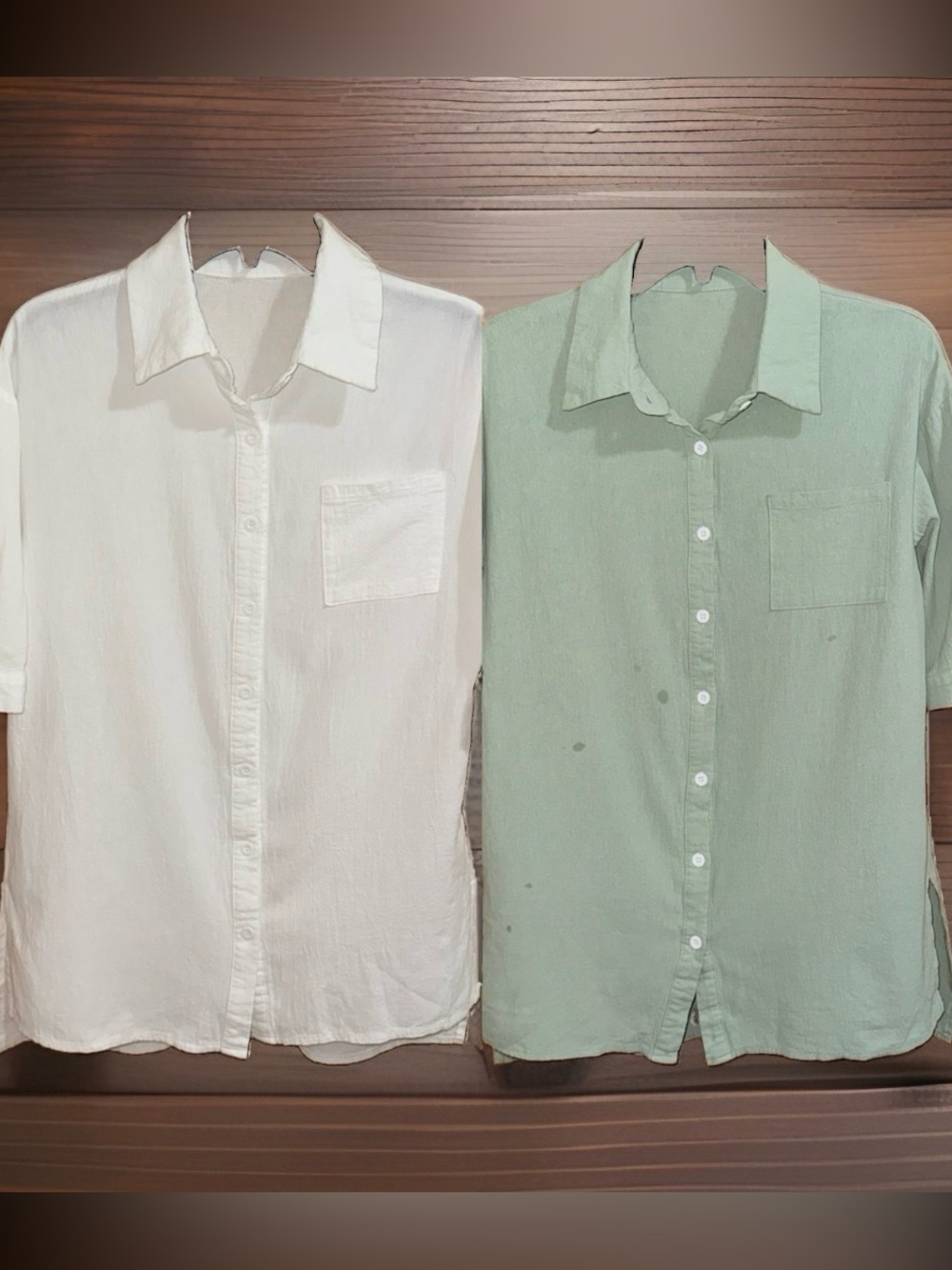 SHEIN Women’s Textured White & Sage Button Down Short Sleeve Tops-S-EC